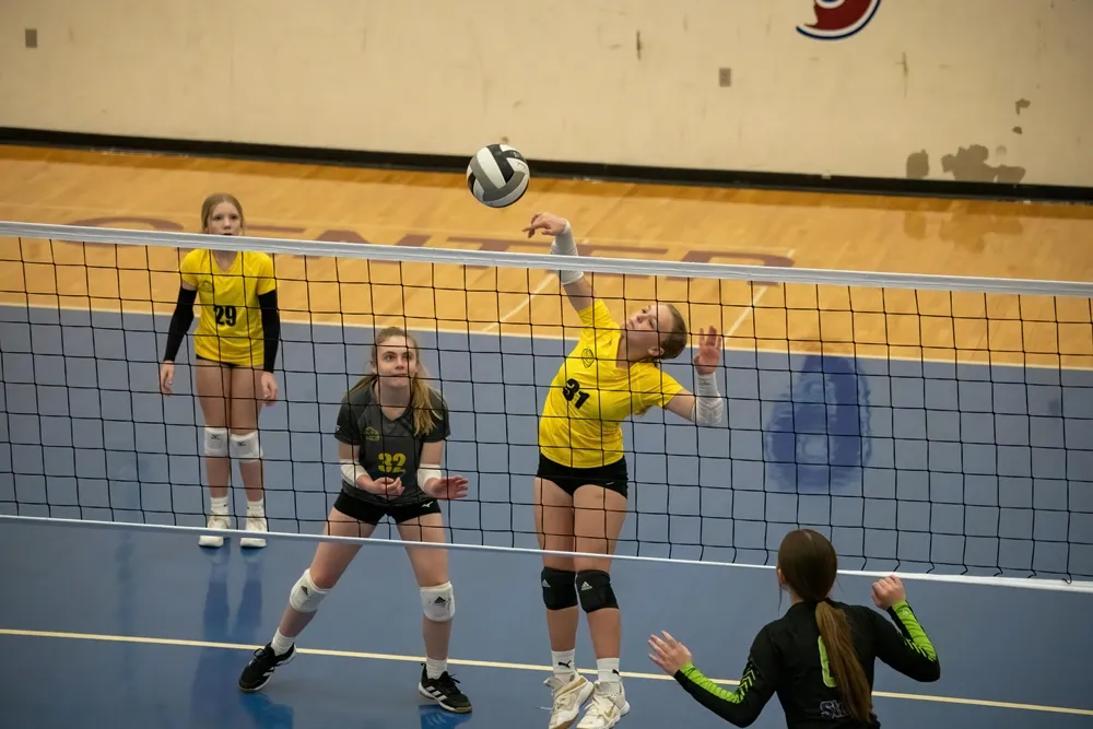 배구 주요 반칙 종류와 규칙을 설명하며 프로 배구선수의 경기 모습을 보여주는 사진